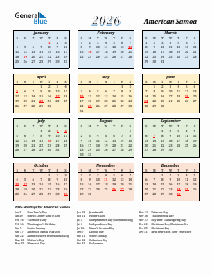 American Samoa current year calendar 2026 with holidays