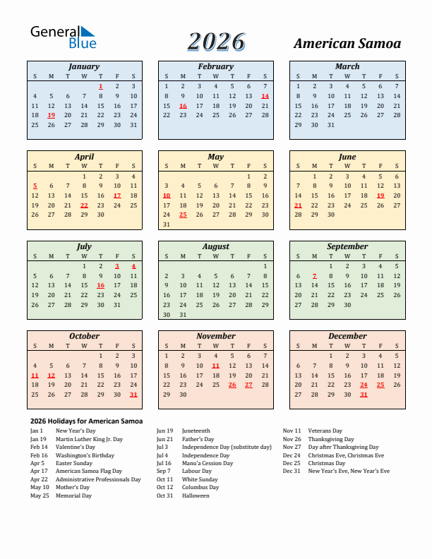 American Samoa Calendar 2026 with Sunday Start