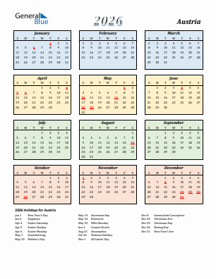 Austria current year calendar 2026 with holidays