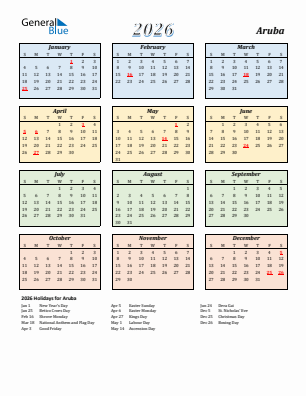 Aruba current year calendar 2026 with holidays