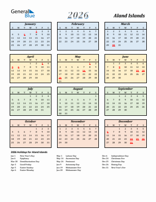 Aland Islands current year calendar 2026 with holidays