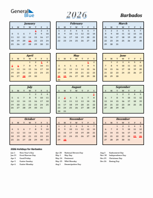 Barbados current year calendar 2026 with holidays