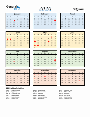 Belgium current year calendar 2026 with holidays