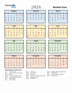 Burkina Faso current year calendar 2026 with holidays