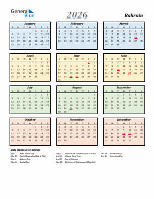 Bahrain current year calendar 2026 with holidays