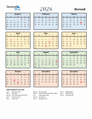 Burundi current year calendar 2026 with holidays