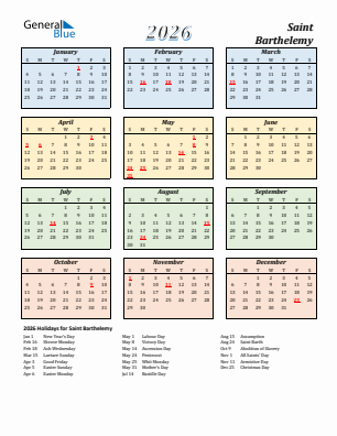 Saint Barthelemy current year calendar 2026 with holidays