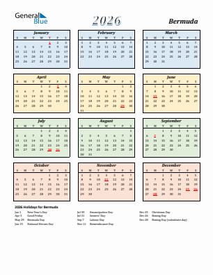 Bermuda current year calendar 2026 with holidays