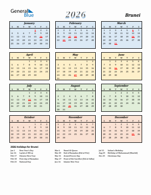 Brunei current year calendar 2026 with holidays