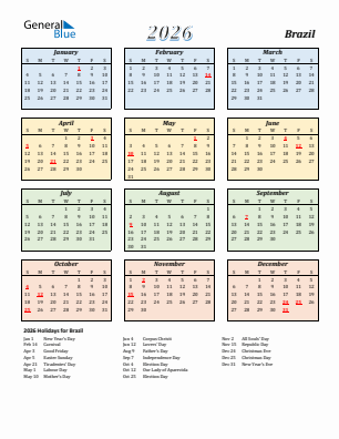 Brazil current year calendar 2026 with holidays