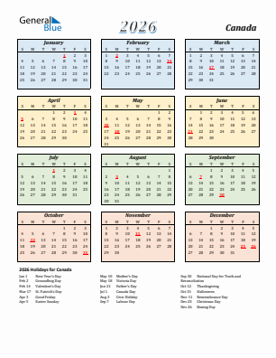 Canada current year calendar 2026 with holidays