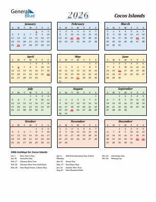 Cocos Islands current year calendar 2026 with holidays