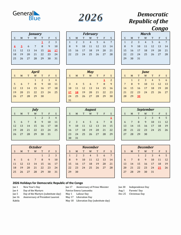 Democratic Republic of the Congo Calendar 2026 with Sunday Start