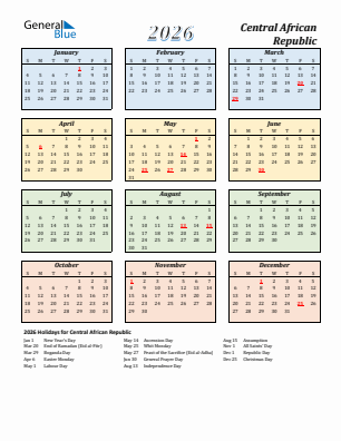 Central African Republic current year calendar 2026 with holidays