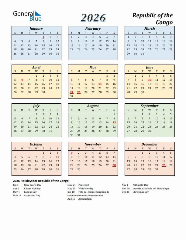 Republic of the Congo Calendar 2026 with Sunday Start