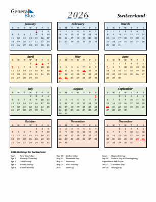 Switzerland current year calendar 2026 with holidays