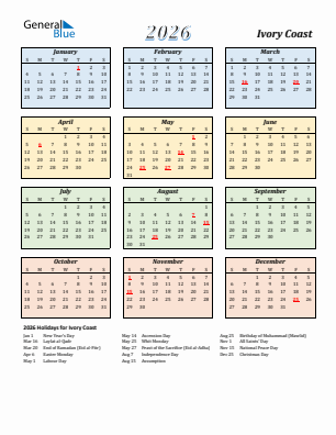 Ivory Coast current year calendar 2026 with holidays