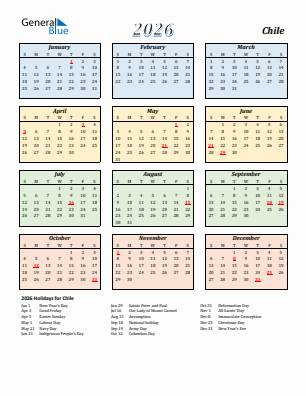 Chile current year calendar 2026 with holidays