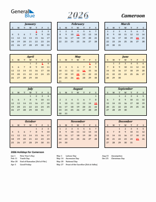 Cameroon current year calendar 2026 with holidays