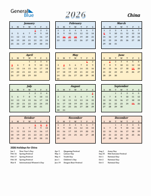 China current year calendar 2026 with holidays