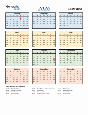 Costa Rica current year calendar 2026 with holidays