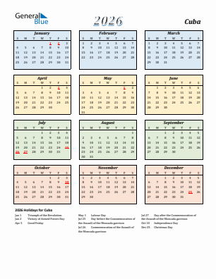 Cuba current year calendar 2026 with holidays