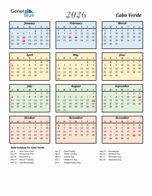 Cabo Verde current year calendar 2026 with holidays