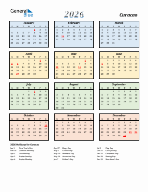 Curacao current year calendar 2026 with holidays