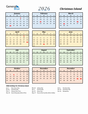 Christmas Island current year calendar 2026 with holidays