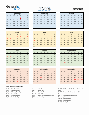 Czechia current year calendar 2026 with holidays