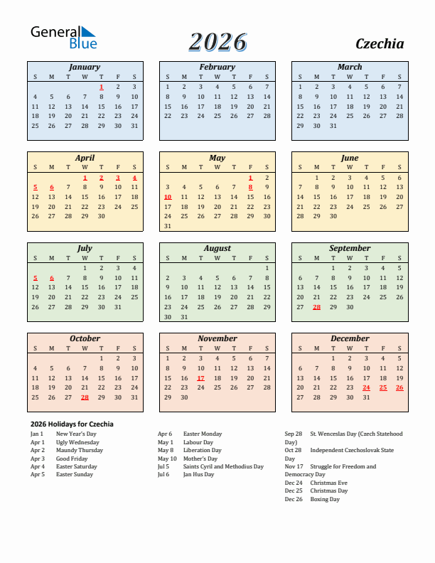 Czechia Calendar 2026 with Sunday Start