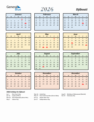 Djibouti current year calendar 2026 with holidays
