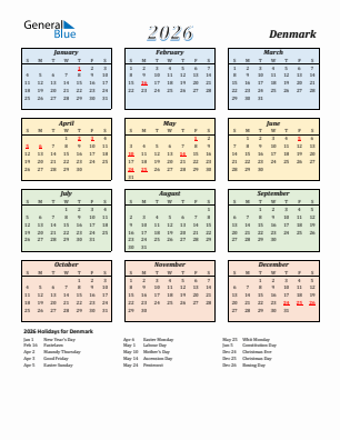 Denmark current year calendar 2026 with holidays