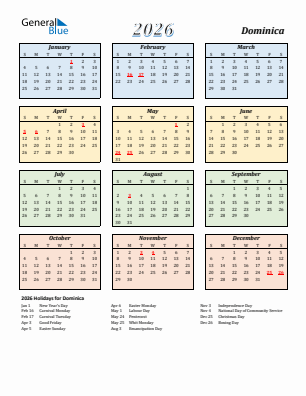 Dominica current year calendar 2026 with holidays