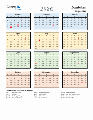 Dominican Republic current year calendar 2026 with holidays
