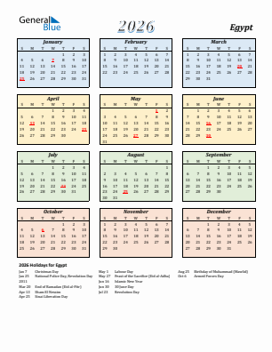 Egypt current year calendar 2026 with holidays
