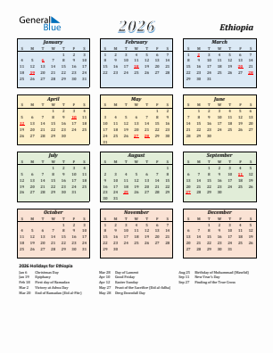 Ethiopia current year calendar 2026 with holidays