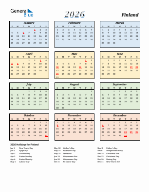Finland current year calendar 2026 with holidays