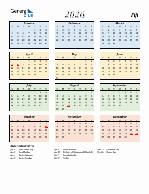 Fiji current year calendar 2026 with holidays