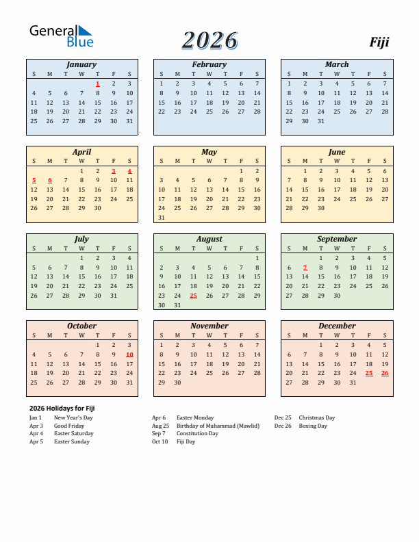 Fiji Calendar 2026 with Sunday Start