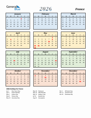 France current year calendar 2026 with holidays
