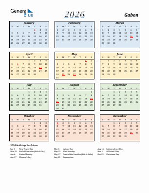 Gabon current year calendar 2026 with holidays