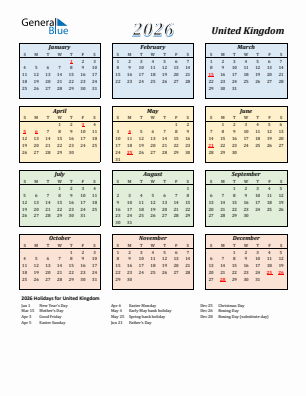 United Kingdom current year calendar 2026 with holidays
