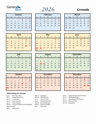 Grenada current year calendar 2026 with holidays
