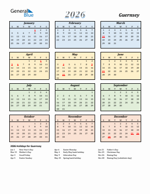 Guernsey current year calendar 2026 with holidays