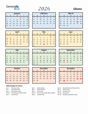 Ghana current year calendar 2026 with holidays
