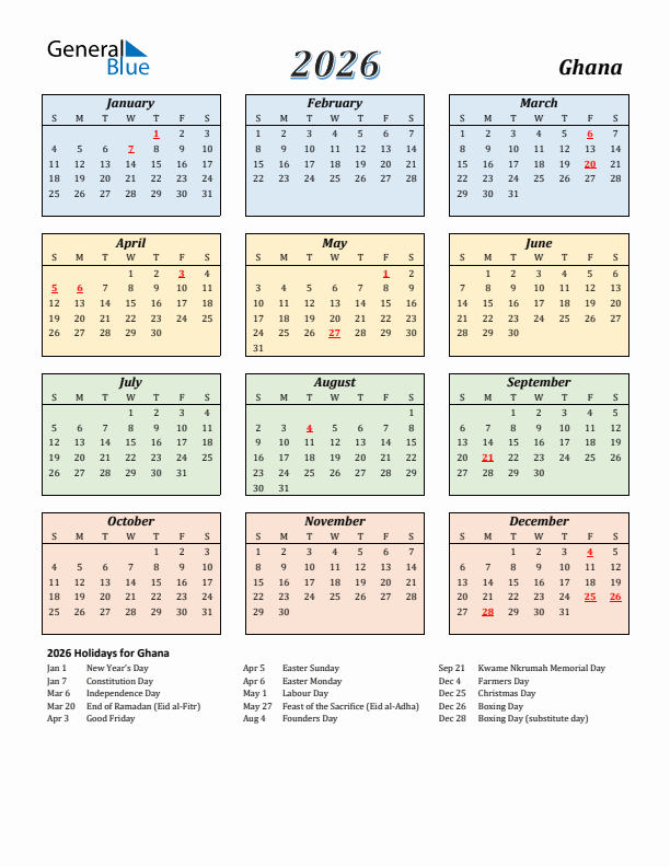 Ghana Calendar 2026 with Sunday Start