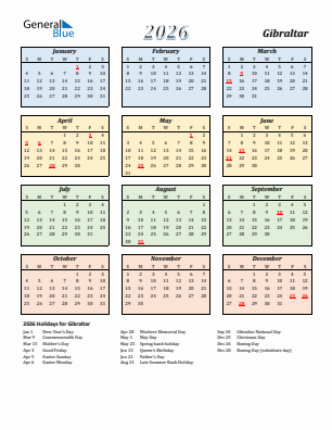 Gibraltar current year calendar 2026 with holidays