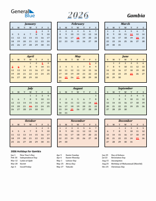 Gambia current year calendar 2026 with holidays