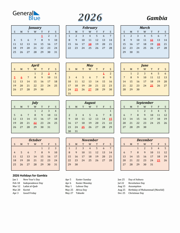 Gambia Calendar 2026 with Sunday Start